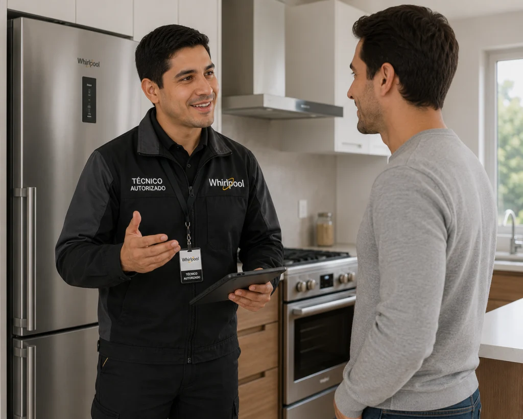 Técnico autorizado Whirlpool explicando un diagnóstico a un cliente en Bucaramanga